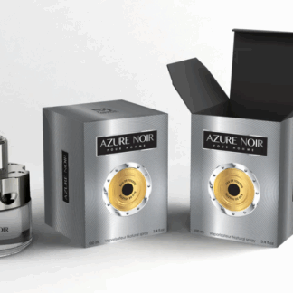 Wholesale men's cologne "Azure Noir," bulk fragrance supplier for B2B distributors, premium Eau de Parfum in black and blue bottle.